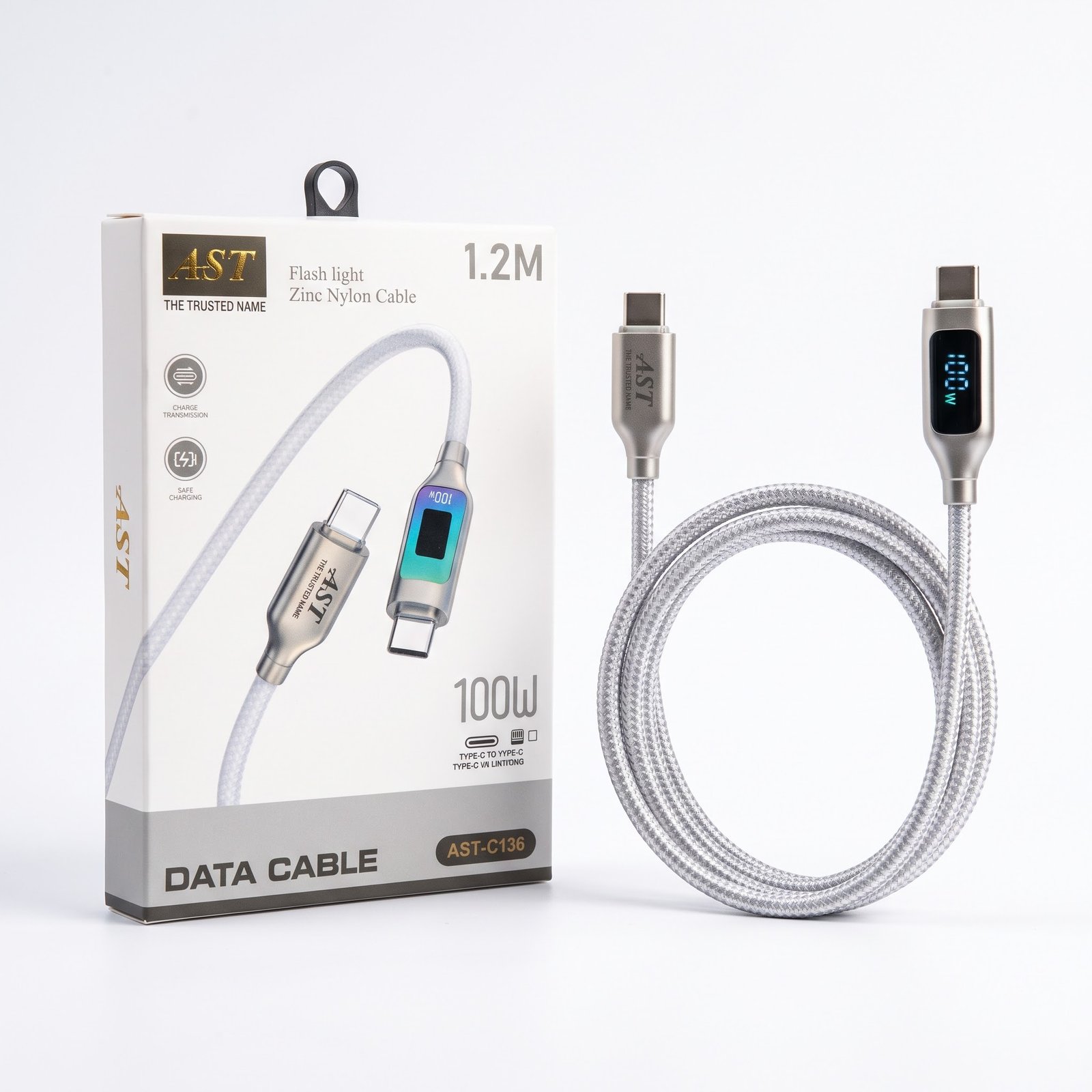 AST 100W USB-C To USB-C Fast Charging Cable (1.2m) - Zinc Alloy Braided Data Cord With LED Power Display (Model AST-C136)