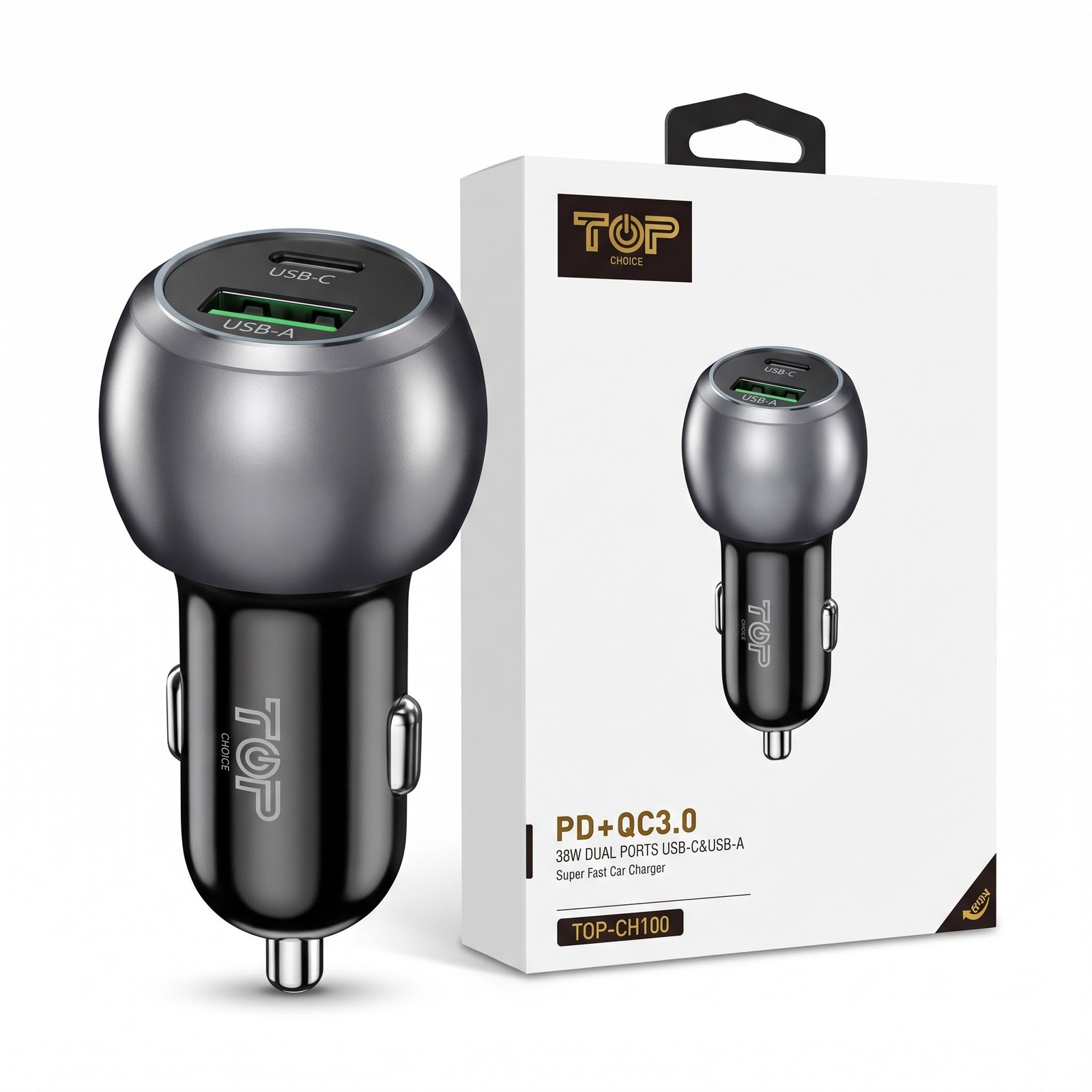 Top Choice 38W Dual Port Fast Car Charger - PD(USB-C) & QC 3.0 (USB-A) Metal Adapter (Model: TOP-CH100)