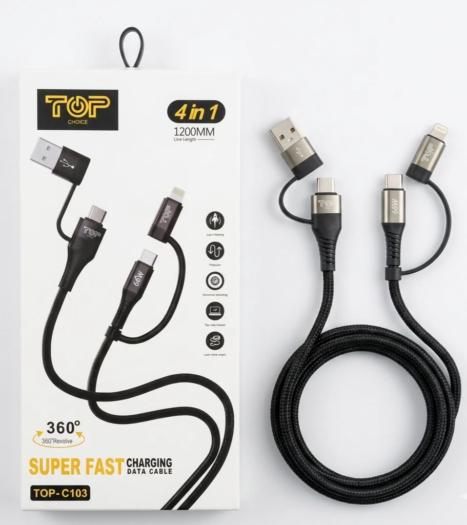 Top Choice 4-in-1 Multi USB Charging Cable 66W Super Fast Charge Braided Data Cord 4ft/1.2m