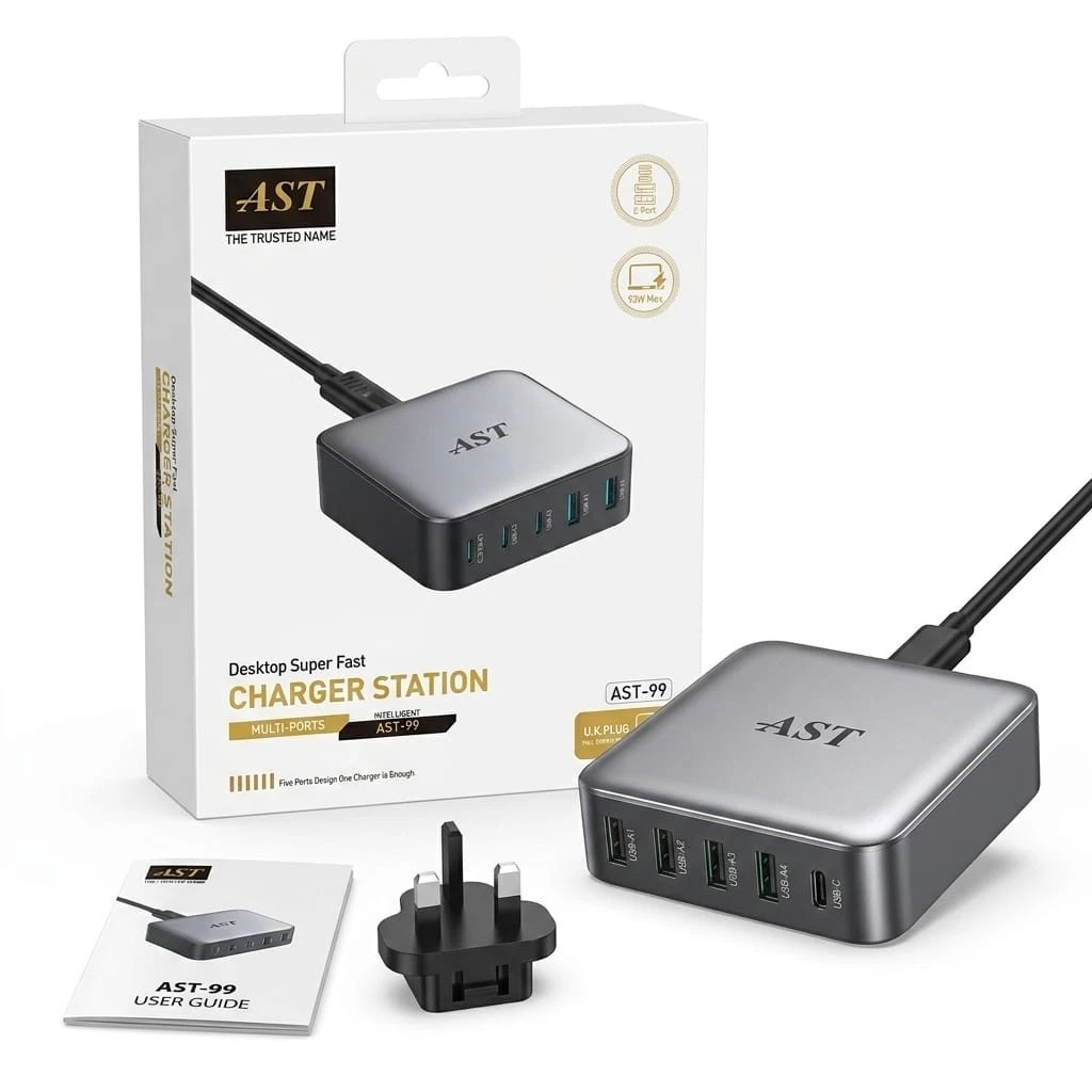 AST 93W 5 Port Fast USB C Desktop Charger Station Power Adapter For Laptop Phone